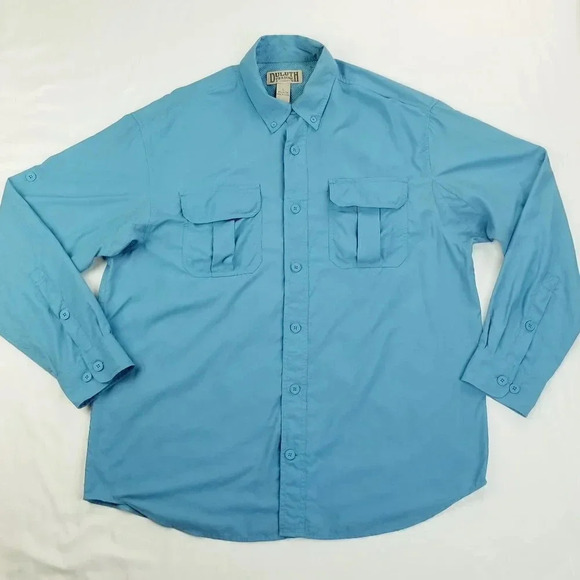 Duluth Large Mens Blue Long Sleeve Elbow Button Duel Back Vent Button Down Shirt - Picture 3 of 7